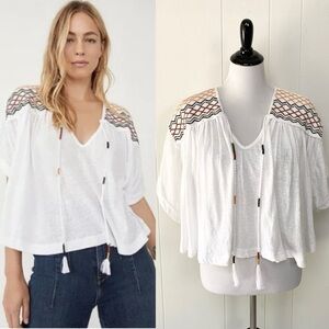 Free People Womens Market Embroidery Trim Tassel Tie V-Neck Tee White Size XS